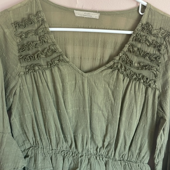 Olive green ruffle 3/4 sleeve midi dress - Picture 3 of 5